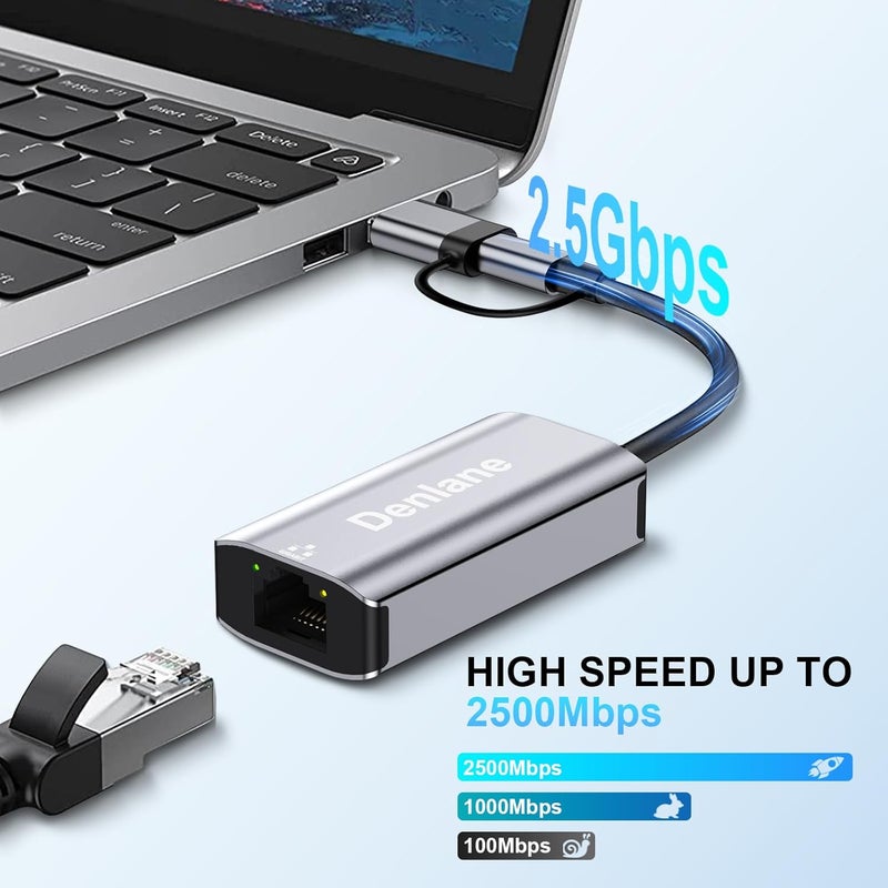 Denlane محول USB C إلى Ethernet بسرعة 2.5Gbps، محول USB 3.0 إلى Ethernet 2 في 1، Ethernet إلى USB-A و USBC جهاز (Thunderbolt 4/3)، شبكة RJ45 بسرعة 2500/1000/100Mbps للابتوب، MacBook/iPad/XPS/Windows - Image 2